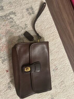 Coach Brown Leather Wristlet Clutch with Gold-Tone Turn Lock